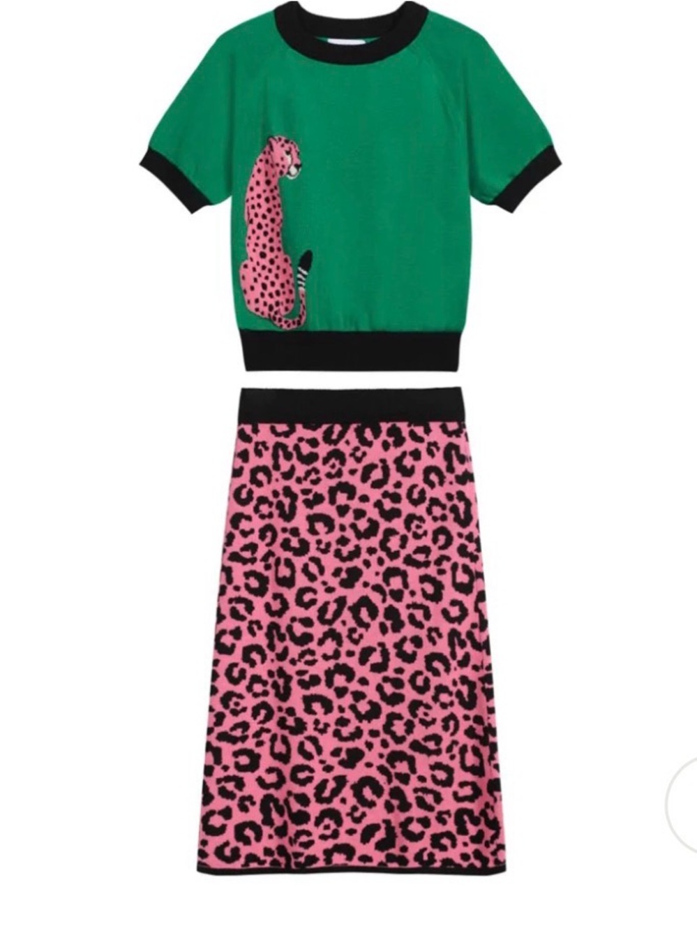 WOMEN’S GREEN LEOPARD PRINT KNIT SET WITH PINK LEOPARD GRAPHIC